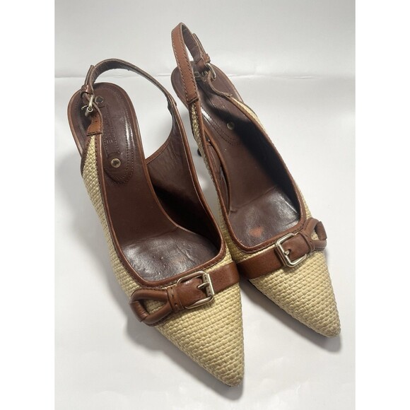 Celine Slingback Heels Raffia w/ Brown Leather Buckle Accent Sz 38.5 8.5 Y2K